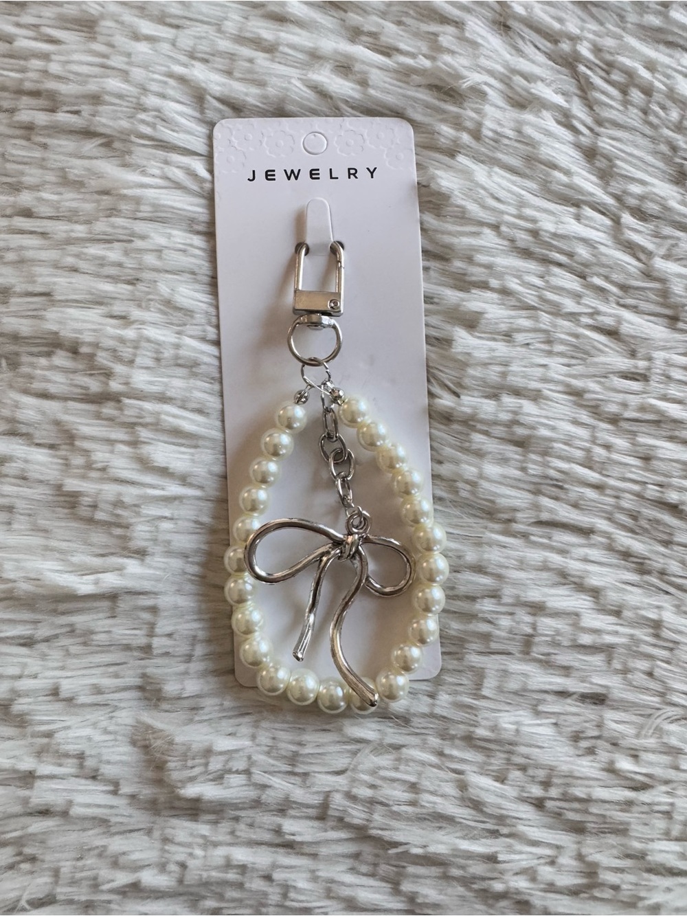 Pearl Bead Keychain with Silver Bow Accent